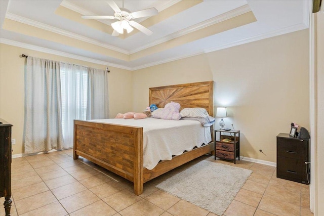 2802 Amber Forest Trl, Belton, TX 76513 - bedroom featuring a tray ceiling, ornamental molding, light tile patterned floors, and ceiling fan
