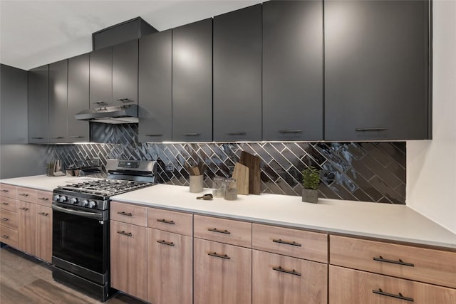 4510 Terry-O Ln Unit 322, Austin, TX 78745 - kitchen with gas range, under cabinet range hood, light countertops, and light brown cabinetry