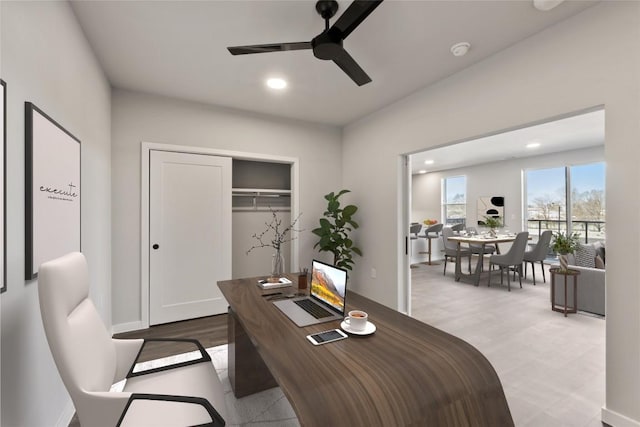4510 Terry-O Ln Unit 322, Austin, TX 78745 - home office featuring a ceiling fan, recessed lighting, and wood finished floors
