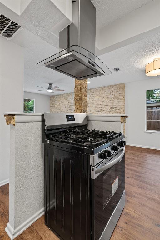 2616 Audubon Pl, Austin, TX 78741 - kitchen with stainless steel range with gas cooktop, ventilation hood, a textured ceiling, healthy amount of natural light, and wood finished floors