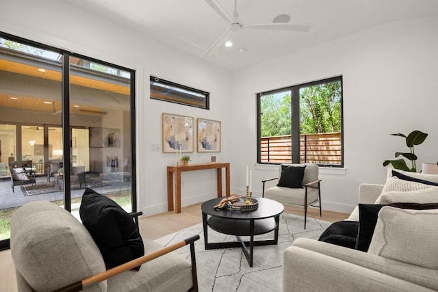 3005 French Pl, Austin, TX 78722 - living room featuring light wood-style flooring, ceiling fan, and recessed lighting