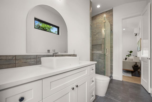 3005 French Pl, Austin, TX 78722 - bathroom with vanity, a shower stall, recessed lighting, and a wall mounted AC