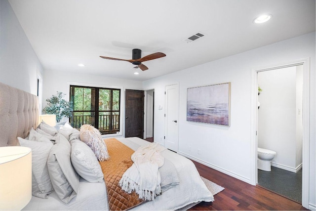 1703 Graywood Cv, Austin, TX 78704 - bedroom featuring wood finished floors, access to outside, ensuite bath, recessed lighting, and ceiling fan