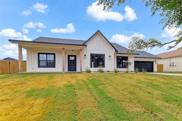 837 Birch Ln, Cottonwood Shores, TX 78657 - modern inspired farmhouse featuring board and batten siding, an attached garage, a shingled roof, and covered porch