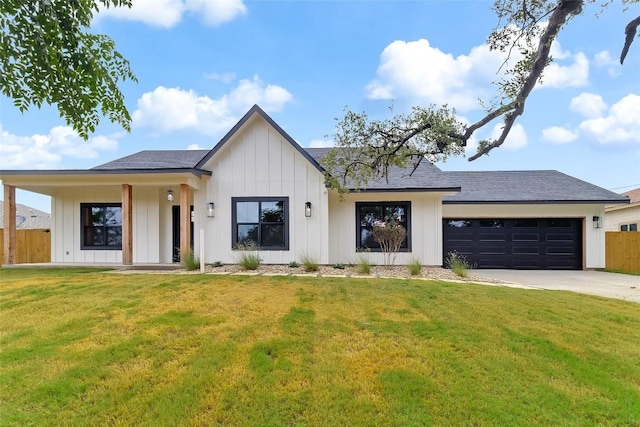837 Birch Ln, Cottonwood Shores, TX 78657 - modern farmhouse featuring an attached garage, concrete driveway, board and batten siding, and a shingled roof