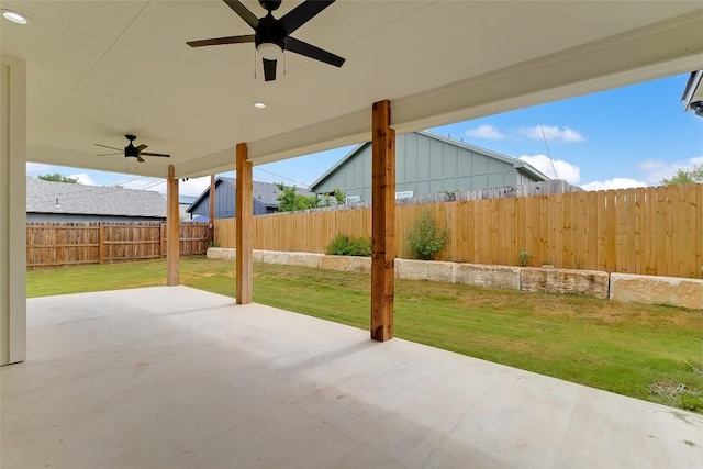 837 Birch Ln, Cottonwood Shores, TX 78657 - fenced backyard featuring ceiling fan and a patio area