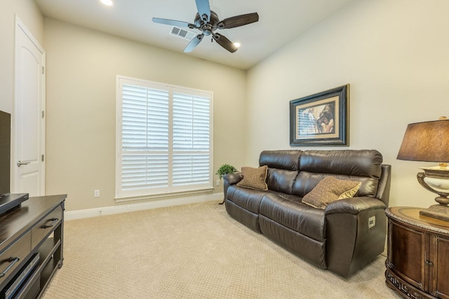 117 N Whitley Dr, Austin, TX 78738 - living room with a ceiling fan, light colored carpet, and recessed lighting