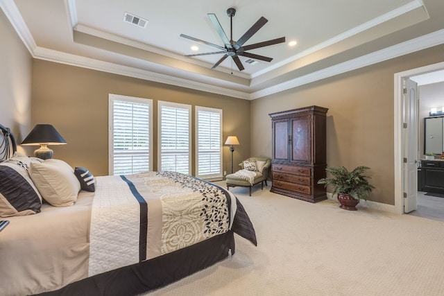 117 N Whitley Dr, Austin, TX 78738 - bedroom featuring a tray ceiling, crown molding, carpet flooring, ensuite bathroom, and a ceiling fan