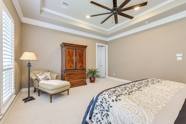 117 N Whitley Dr, Austin, TX 78738 - bedroom featuring light carpet, multiple windows, a raised ceiling, and crown molding