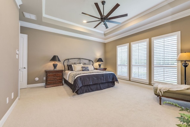 117 N Whitley Dr, Austin, TX 78738 - carpeted bedroom featuring crown molding, a raised ceiling, and a ceiling fan