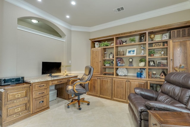 117 N Whitley Dr, Austin, TX 78738 - home office with ornamental molding, built in desk, light tile patterned floors, recessed lighting, and a wainscoted wall