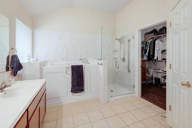 210 Buoy Cir, Georgetown, TX 78633 - full bathroom featuring a bath, a stall shower, a walk in closet, vaulted ceiling, and vanity