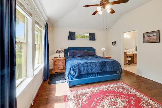 210 Buoy Cir, Georgetown, TX 78633 - bedroom with vaulted ceiling, wood finished floors, connected bathroom, and a ceiling fan