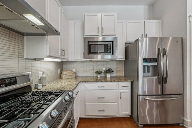 2520 Bluebonnet Ln Unit 48, Austin, TX 78704 - kitchen featuring appliances with stainless steel finishes, under cabinet range hood, white cabinetry, decorative backsplash, and light stone countertops