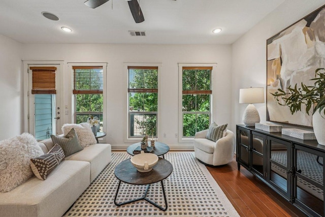 2520 Bluebonnet Ln Unit 48, Austin, TX 78704 - living room with dark wood finished floors, ceiling fan, and recessed lighting
