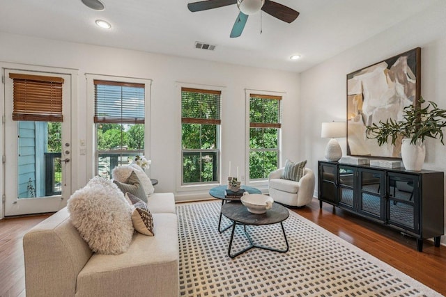 2520 Bluebonnet Ln Unit 48, Austin, TX 78704 - living room with wood finished floors, a ceiling fan, and recessed lighting