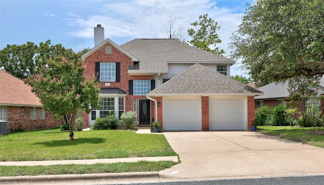 8305 Hillrock Dr, Round Rock, TX 78681 - traditional-style home with brick siding, a garage, concrete driveway, a front yard, and a shingled roof