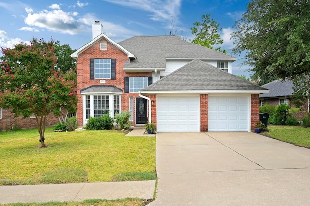 8305 Hillrock Dr, Round Rock, TX 78681 - traditional-style house featuring an attached garage, brick siding, a front lawn, and roof with shingles