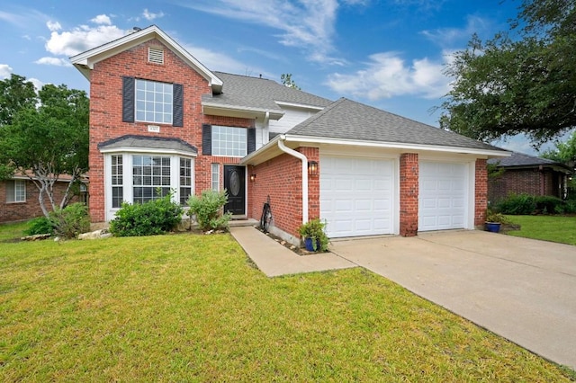 8305 Hillrock Dr, Round Rock, TX 78681 - traditional-style home with brick siding, a garage, concrete driveway, and a front lawn
