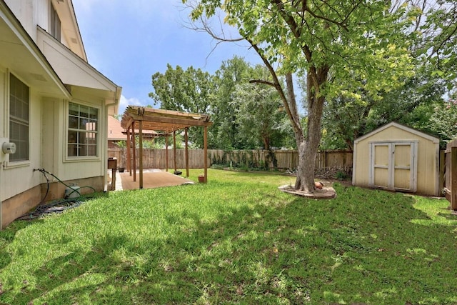 8305 Hillrock Dr, Round Rock, TX 78681 - fenced backyard featuring a pergola, a patio, and a storage shed