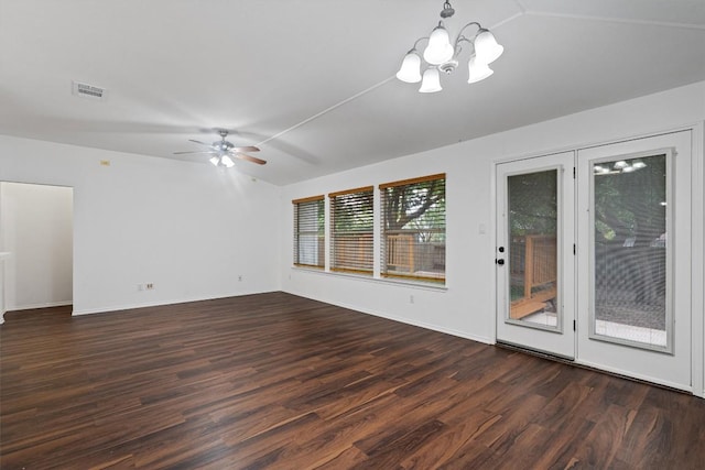 2012 Charlotte Way, Round Rock, TX 78664 - spare room with a chandelier, dark wood-style floors, and a ceiling fan