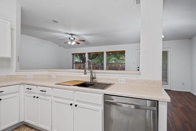 2012 Charlotte Way, Round Rock, TX 78664 - kitchen featuring dishwasher, ceiling fan, dark wood-style flooring, white cabinetry, and lofted ceiling