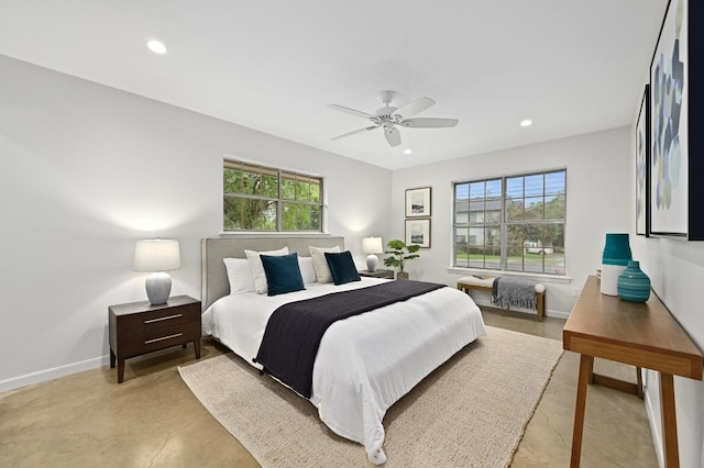 2110 Bluebonnet Ln, Austin, TX 78704 - bedroom with multiple windows, finished concrete floors, recessed lighting, and a ceiling fan