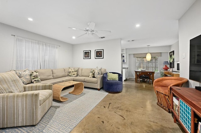 2110 Bluebonnet Ln, Austin, TX 78704 - living area with concrete floors, recessed lighting, and ceiling fan