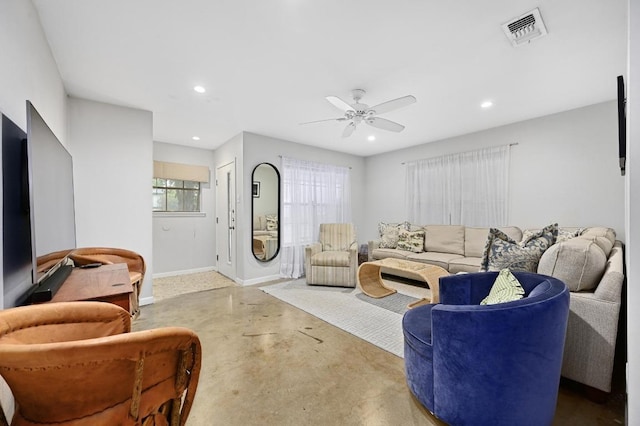 2110 Bluebonnet Ln, Austin, TX 78704 - living area featuring concrete flooring, recessed lighting, and ceiling fan