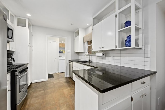2110 Bluebonnet Ln, Austin, TX 78704 - kitchen featuring backsplash, white cabinetry, dark countertops, recessed lighting, and appliances with stainless steel finishes