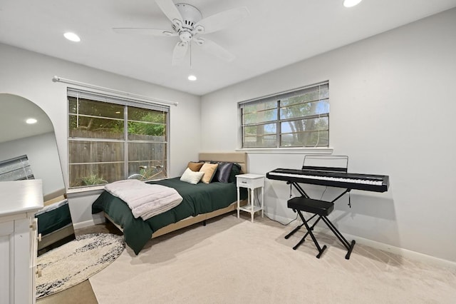2110 Bluebonnet Ln, Austin, TX 78704 - bedroom with recessed lighting, light carpet, and a ceiling fan
