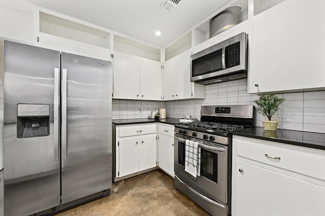2110 Bluebonnet Ln, Austin, TX 78704 - kitchen featuring appliances with stainless steel finishes, concrete flooring, dark countertops, backsplash, and recessed lighting