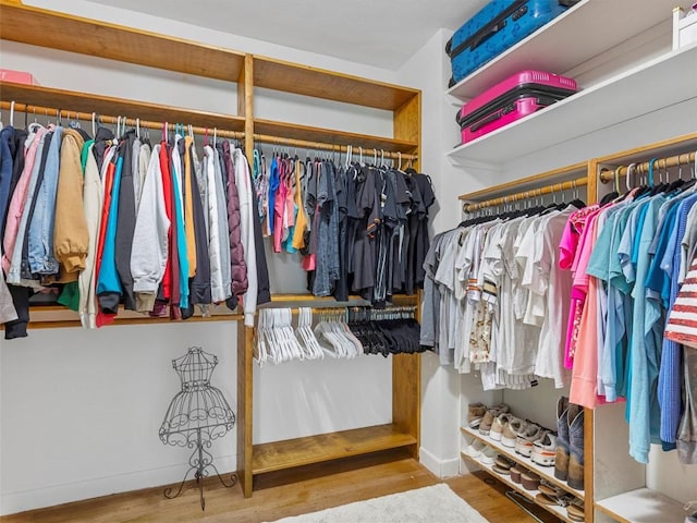 walk in closet with wood finished floors