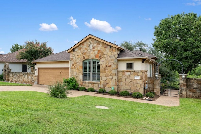 105 Outcrop View Ln, Austin, TX 78738 - view of front facade featuring stone siding, driveway, a front yard, an attached garage, and a gate