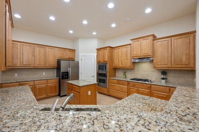 105 Outcrop View Ln, Austin, TX 78738 - kitchen with appliances with stainless steel finishes, recessed lighting, decorative backsplash, light stone countertops, and under cabinet range hood