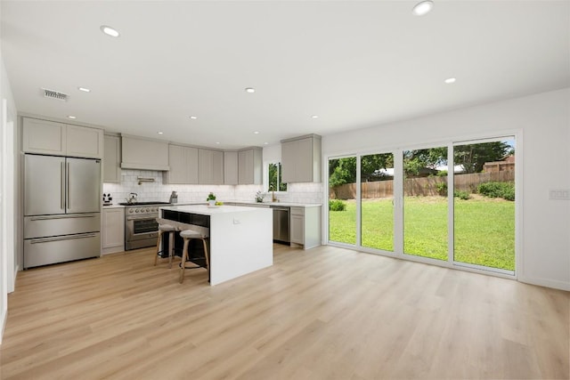 1101 Floradale Dr, Austin, TX 78753 - kitchen with high quality appliances, gray cabinetry, tasteful backsplash, a kitchen bar, and recessed lighting
