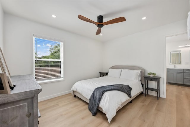 1101 Floradale Dr, Austin, TX 78753 - bedroom featuring light wood-type flooring, recessed lighting, a ceiling fan, and connected bathroom