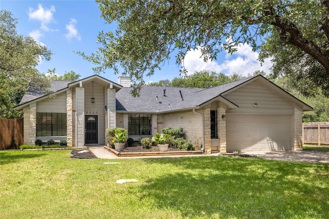 2502 W Messick Loop, Round Rock, TX 78681 - view of front of home featuring stone siding, an attached garage, a chimney, concrete driveway, and a shingled roof