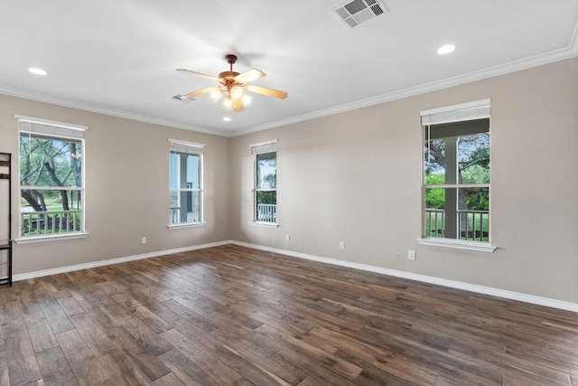 15020 Hero Way W, Leander, TX 78641 - empty room featuring healthy amount of natural light, a ceiling fan, wood finished floors, ornamental molding, and recessed lighting