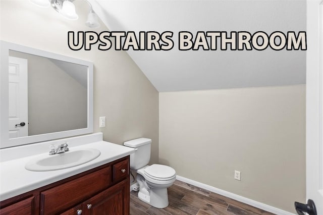 15020 Hero Way W, Leander, TX 78641 - bathroom with wood finished floors, vanity, and vaulted ceiling
