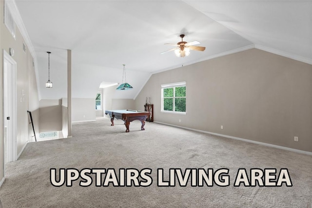 15020 Hero Way W, Leander, TX 78641 - rec room with lofted ceiling, a ceiling fan, carpet floors, and billiards