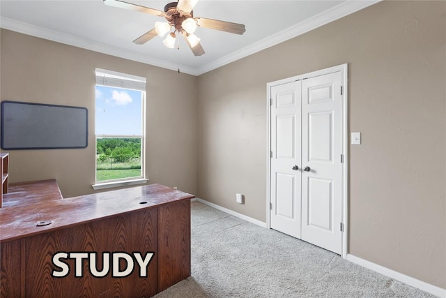 15020 Hero Way W, Leander, TX 78641 - unfurnished office with a ceiling fan, carpet, and crown molding
