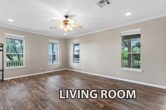 15020 Hero Way W, Leander, TX 78641 - empty room featuring plenty of natural light, ceiling fan, dark wood finished floors, ornamental molding, and recessed lighting