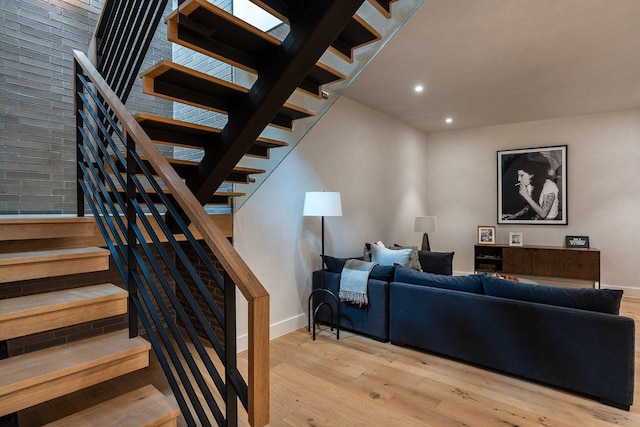 1315 W 9th St Unit B, Austin, TX 78703 - living area featuring stairs, recessed lighting, and wood finished floors