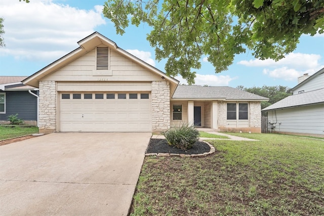 12404 Wycliff Ln, Austin, TX 78727 - ranch-style house featuring a garage, stone siding, and concrete driveway