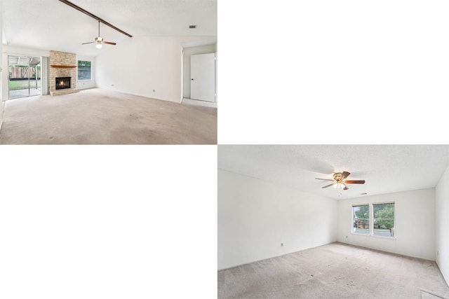 12404 Wycliff Ln, Austin, TX 78727 - unfurnished living room featuring carpet floors, a ceiling fan, a large fireplace, and vaulted ceiling