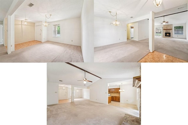 12404 Wycliff Ln, Austin, TX 78727 - unfurnished living room with carpet flooring, ceiling fan, a chandelier, a brick fireplace, and lofted ceiling