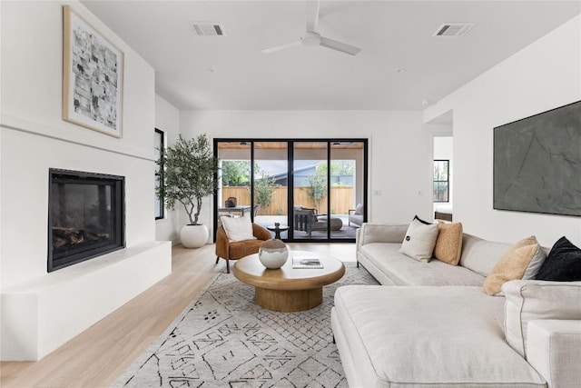 1703 Madison, Austin, TX 78757 - living room featuring light wood-style flooring, ceiling fan, healthy amount of natural light, and a glass covered fireplace