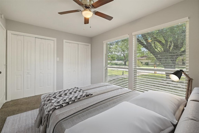 510 Heather Dr, Round Rock, TX 78664 - carpeted bedroom featuring two closets and a ceiling fan