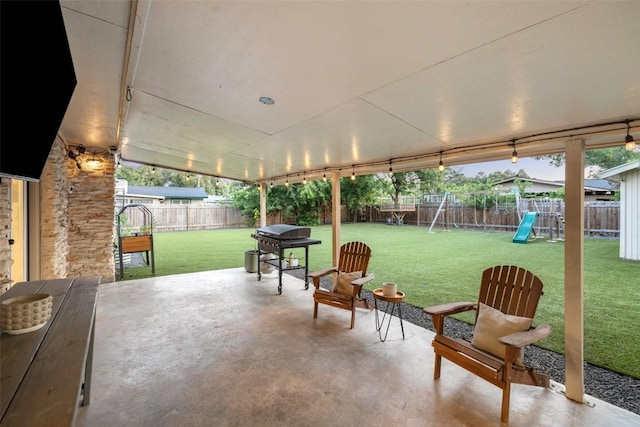 510 Heather Dr, Round Rock, TX 78664 - fenced backyard featuring a patio, a playground, and a grill